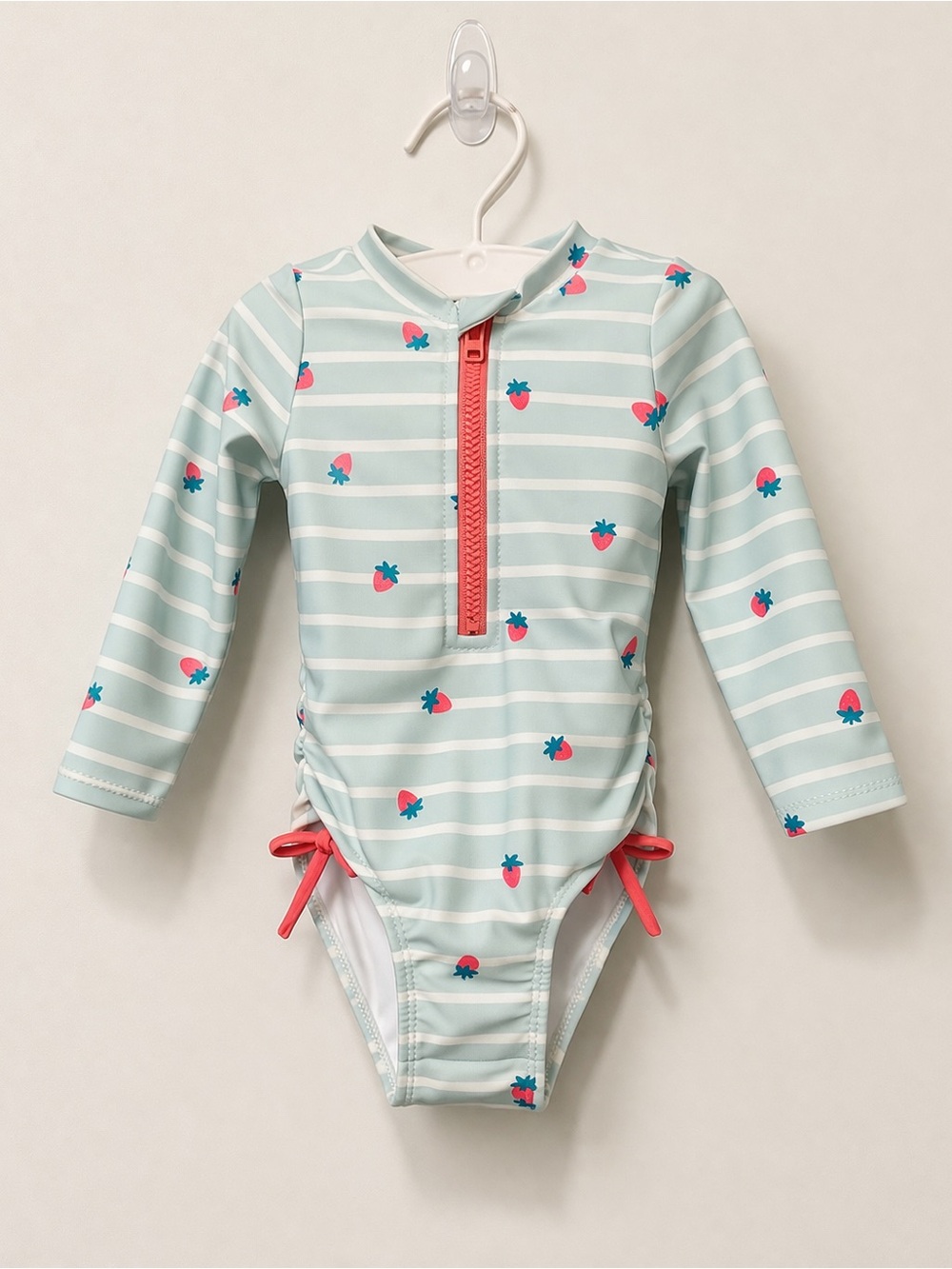 Cat & Jack Mint Stripe Long-Sleeve Rash Guard with Pink Strawberry Accents
